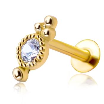 Piercing do pery a brady z 375 žltého zlata - okrúhly číry zirkón s ozdobným orámovaním 