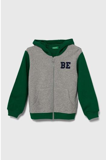 Detská bavlnená mikina United Colors of Benetton šedá farba, s kapucňou, vzorovaná