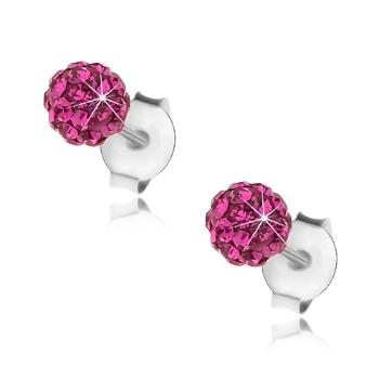 Strieborné 925 náušnice, guľôčky s Preciosa krištálikmi, fuksiový odtieň, 4 mm