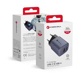 Forcell hálózati gyorstöltő Type-C + USB, PD + QC 4.0, 3A, 33W, kék