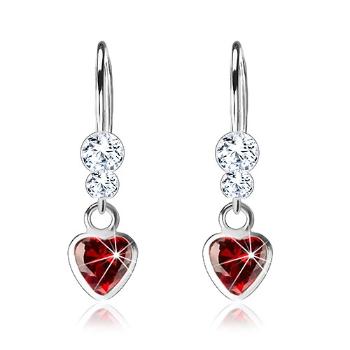 Strieborné náušnice 925, červené zirkónové srdiečko, číre krištále Swarovski
