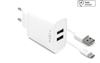 Töltő adapter FIXED Smart Rapid Charge 2 x USB + 1m USB to USB-C kábel - 15W, fehér