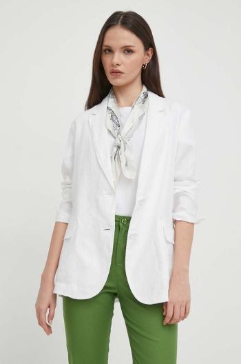 Ľanové sako United Colors of Benetton biela farba, jednoradové, jednofarebné