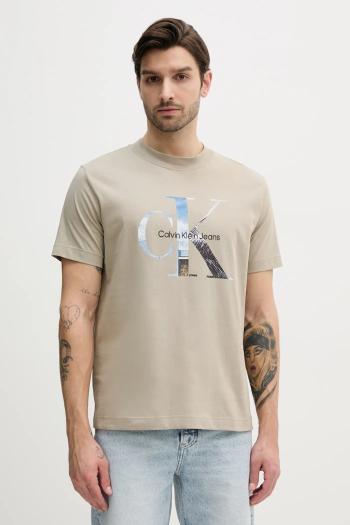 Bavlnené tričko Calvin Klein Jeans pánske, béžová farba, s potlačou, J30J327483
