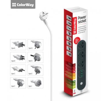 COLORWAY POWER SOCKET :3 EURO SOCKETS/3USB 1.8M BLACK (CW-CHU33B)