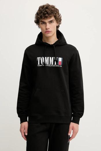 Bavlnená mikina Tommy Jeans čierna farba, s kapucňou, s potlačou, DM0DM22144