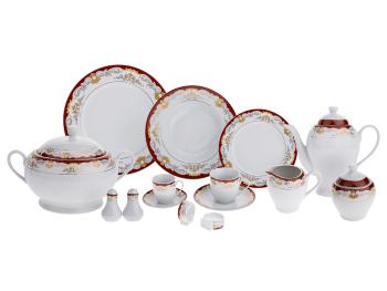 KONDELA Garida Typ 2 porcelánová jedálenská súprava (57 ks) biela / hnedá / zlatá / sivá