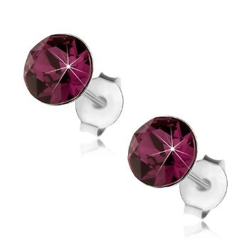 Strieborné 925 náušnice, okrúhly fialový krištáľ Swarovski, 6 mm