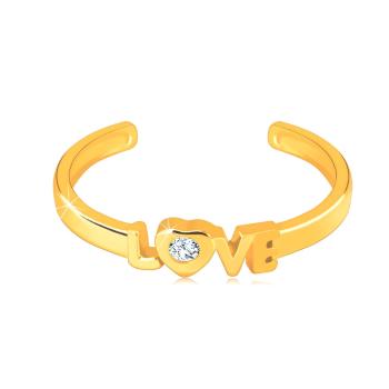 Diamantový prsteň zo žltého 14K zlata s otvorenými ramenami - nápis "LOVE", briliant - Veľkosť: 58 mm