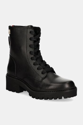 Kožené workery Tommy Hilfiger CHIC MID HEEL LEATHER LACE-UP dámske, čierna farba, na plochom podpätku, FW0FW08305