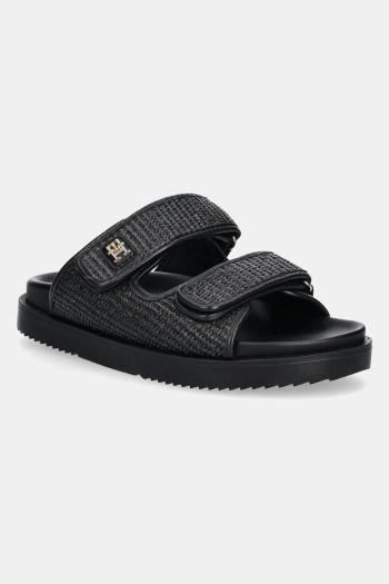 Šľapky Tommy Hilfiger TH DOUBLE STRAP RAFFIA SANDAL dámske, čierna farba, FW0FW08940