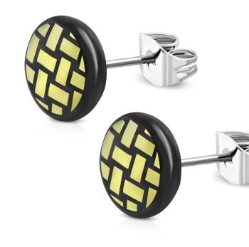 Náušnice z chirurgickej ocele - čierny krúžok, vypletaný motív žltej farby, 7 mm