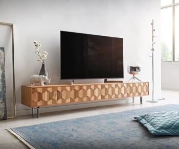 TV stolík Fevo 220 cm akácia prírodná 4 dvierka Podstavec v tvare L