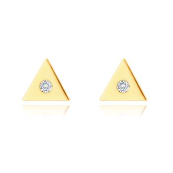 Diamantové 14K náušnice zo žltého zlata - malý trojuholník s čírym briliantom