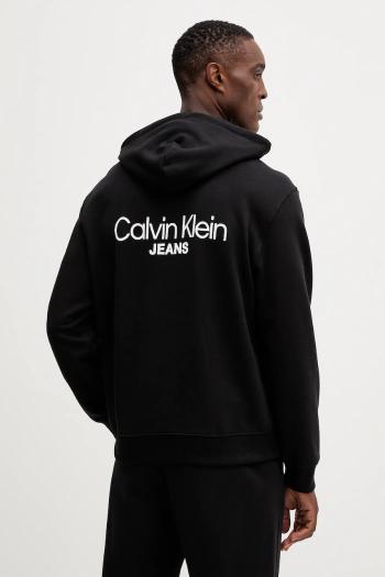 Bavlnená mikina Calvin Klein Jeans čierna farba, s kapucňou, s potlačou, LV04RD002G