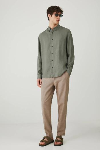 Ľanová košeľa Medicine pánska, zelená farba, regular, s golierom button-down