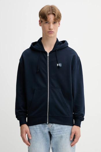 Bavlnená mikina Tommy Jeans tmavomodrá farba, s kapucňou, vzorovaná, DM0DM21626