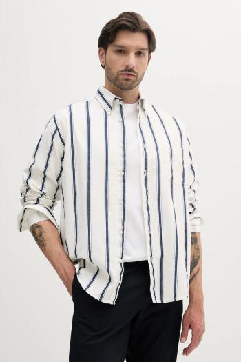 Košeľa s prímesou ľanu BOSS Orange biela farba, voľný strih, s golierom button-down, 50538296