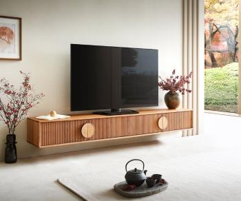 TV stolík Surimu 200x35x25 cm akácia svetlohnedá 4 dvierka korkové