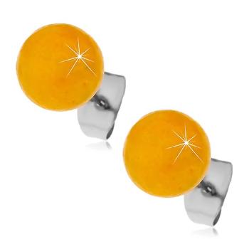 Oceľové puzetové náušnice, žltooranžové guličky, 8 mm