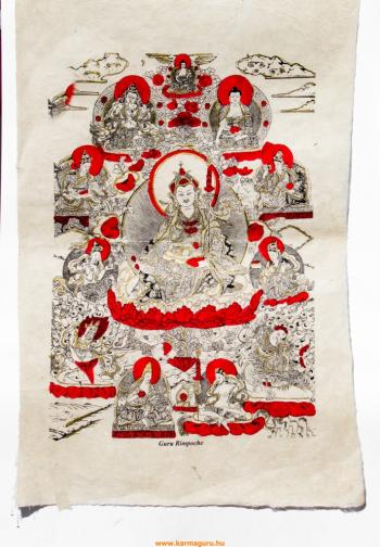 Guru Rinpoche mártott papír (LOKTA) falikép piros díszítéssel - 51 x 76 cm