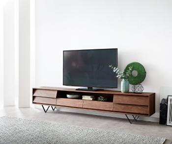 TV stolík Eloi 240x35 cm akáciová hnedá 2 dvierka 2 zásuvky podstavec