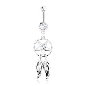 Oceľový piercing do brucha, lapač snov - pentagram, pierka, číre zirkóny