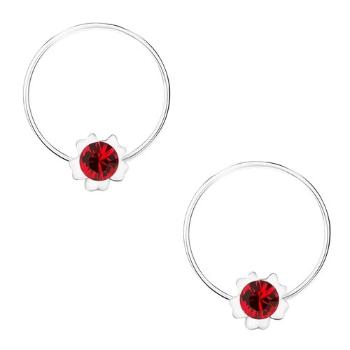 Okrúhle náušnice, striebro 925, červený kvietok, krištálik Swarovski