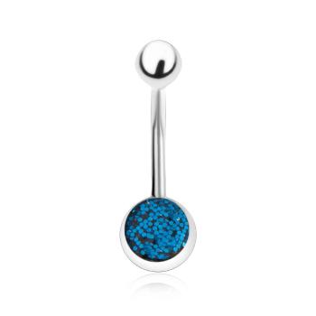 Piercing do brucha z ocele, strieborný odtieň, tmavomodré glitre