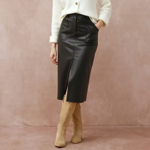 Midi koženková sukňa s vreckami a rozparkom vpredu