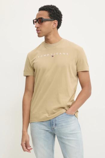 Bavlnené tričko Tommy Jeans pánske, béžová farba, s nášivkou, DM0DM20744