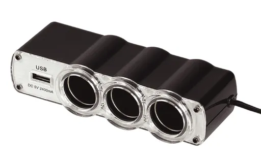 WG - Nabíjačka do auta, rozbočovač, 3x zásuvka zapaľovača 12V + 1x USB-A, s predĺžením