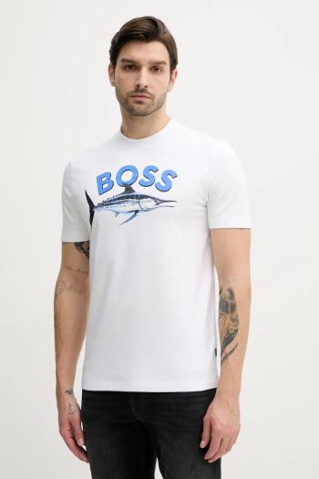 Bavlnené tričko BOSS Orange pánske, béžová farba, s potlačou, 50539196
