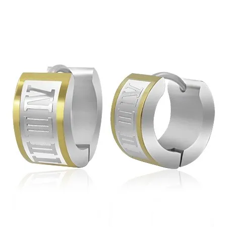 Oceľové náušnice - dvojfarebné obruče s rímskymi číslicami, kĺbové