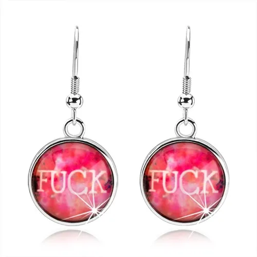 Okrúhle náušnice, vypuklé číre sklo, ružovo-oranžové pozadie, anglický nápis