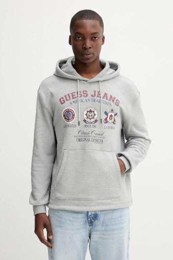 Bavlnená mikina Guess Jeans šedá farba, s kapucňou, s potlačou, M5YQ18 KCPR1