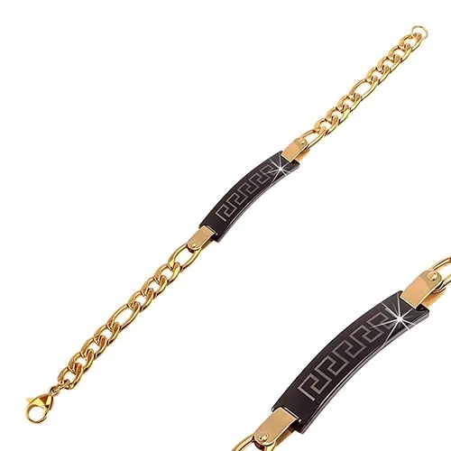 Náramok z chirurgickej ocele , veľké lesklé očká zlatej farby, čierna známka