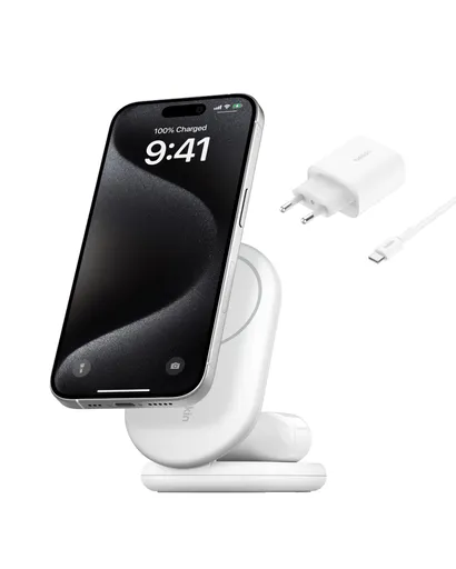Belkin BOOST CHARGE ™ Qi2 15W 2v1 Magnetický nabíjací stojan, skladacia, biela