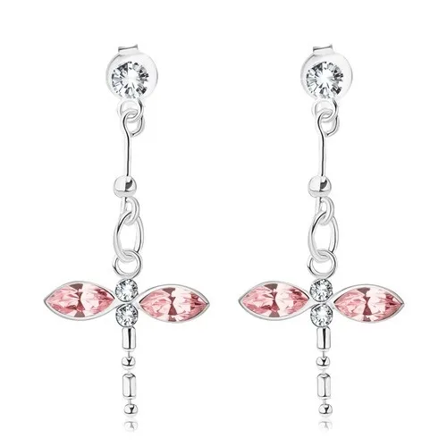 Strieborné náušnice 925, visiaca ružovo-číra vážka, krištále Swarovski