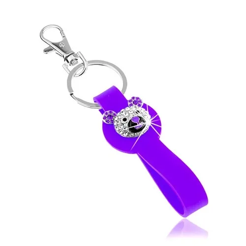 Kľúčenka striebornej farby, fialový silikónový prívesok, ligotavá hlava medvedíka