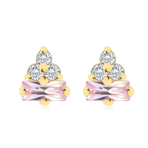 Zlaté náušnice 14K s ružovým zirkónom a tromi čírymi zirkónmi