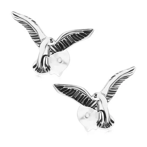 Strieborné náušnice 925 s puzetovým zapínaním, patinovaný vták