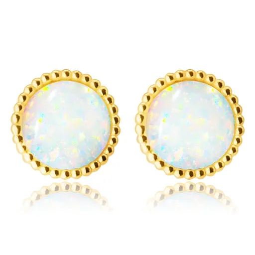 Náušnice zo 14K zlata - vypuklý syntetický opál v okrúhlej objímke, vrúbkovaný obvod
