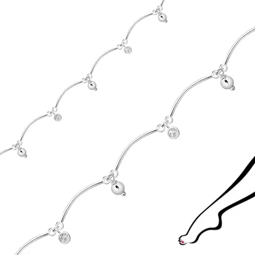 Náramok na členok zo striebra 925 - guličky, číre zirkóniky v objímke, tenké obdĺžníkové línie