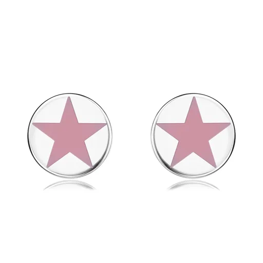Okrúhle oceľové náušnice v striebornej farbe, ružová hviezdička