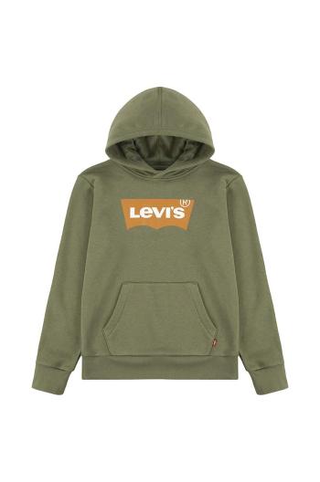 Detská mikina Levi's zelená farba, s kapucňou, s potlačou