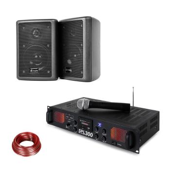 Skytec SPL 300 VHF, PA zosilňovač, 2 reproduktory, reproduktorový kábel, čierna