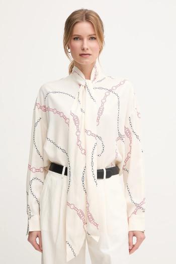 Košeľa Tommy Hilfiger béžová farba, voľný strih, s viazaním vo výstrihu, WW0WW44684