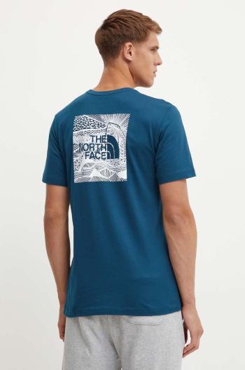 Bavlnené tričko The North Face S/S Redbox Celebration Tee pánske, tyrkysová farba, s potlačou, NF0A87NV1NO1