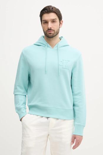 Bavlnená mikina Calvin Klein Jeans pánska, tyrkysová farba, s kapucňou, s nášivkou, J30J327245